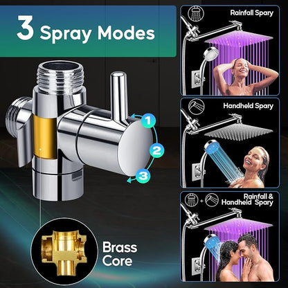 LED Shower Head, 12" LED Shower Head with Color Changing Lights Handheld | High Pressure Rainfall Shower Head Combo, Chrome Stainless Steel & 11" Flexible Curved Arm, 60" Hose