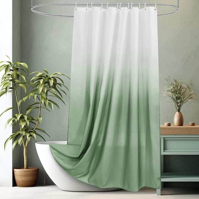 AooHome Fabric Shower Curtains, Cloth Ombre Green Shower Curtain Sets, Washable Fabric Green and White Shower Curtain, Rustic Farmhouse Bathroom Shower Curtains, 72x72 Inches