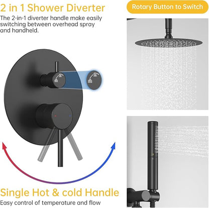 BESy Shower System with 10 Inch Round Rain Shower Head and Handheld Wall Mounted, High Pressure Rainfall Heads Shower Faucet Fixture Combo Set with 2 in 1 Spray Showerhead for Bathroom, Black