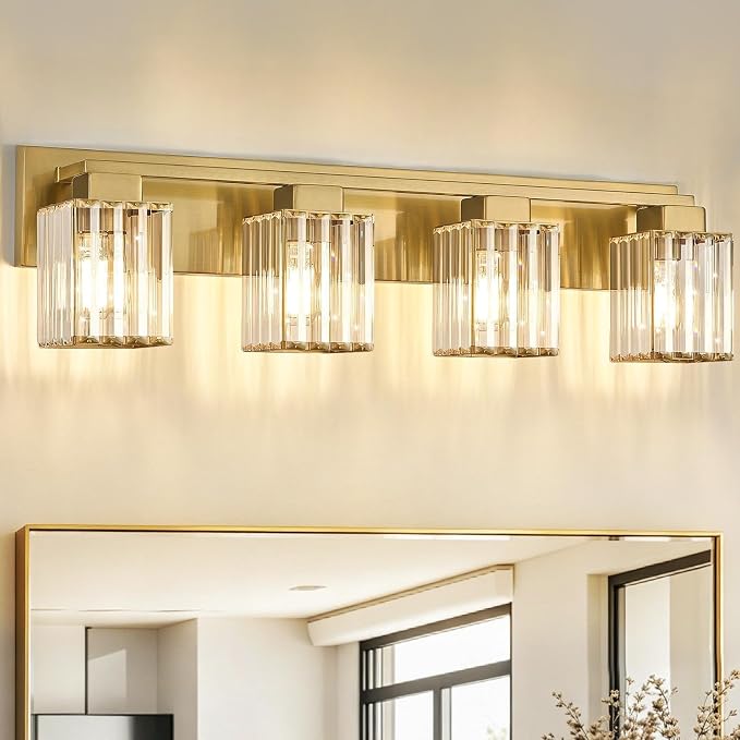 Brushed Gold Bathroom Light Fixtures, 3-Light Vanity Light Over Mirror | Wall Sconces with Square Crystal Shades, E26 Socket, Modern Vanity Lights for Bathroom (Bulbs Not Included)