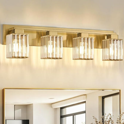 Brushed Gold Bathroom Light Fixtures, 3-Light Vanity Light Over Mirror | Wall Sconces with Square Crystal Shades, E26 Socket, Modern Vanity Lights for Bathroom (Bulbs Not Included)