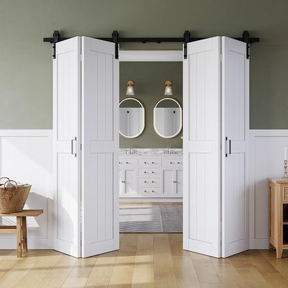 SMARTSTANDARD Bifold Barn Door 72" x 84", MDF Bi-Fold Sliding Closet Doors | Hardware Kit Included, Pre-Finished Easy Assembly, Water-Proof PVC Surface & Save Space, H-Frame, 80" Track for 4 Doors