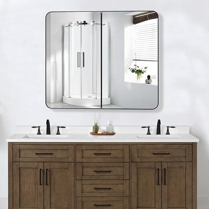 Bathroom Medicine Cabinet with 30"x26" Black Stainless Steel Framed Mirror,Recessed or Surface Mounted Bathroom Mirror Cabinet,Storage Cabinet with Double Door