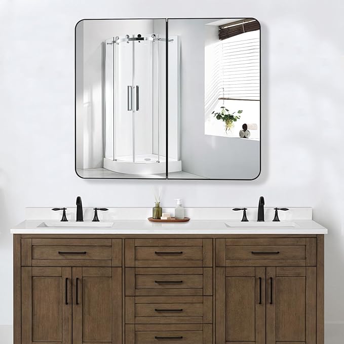 30’’x26’’ Medicine Cabinet,Metal Framed Medicine Cabinet Mirror with Round Corner,Recessed and Surface Mount Bathroom Mirror with Storage,Removeable Shelves,Dark Gray Frame