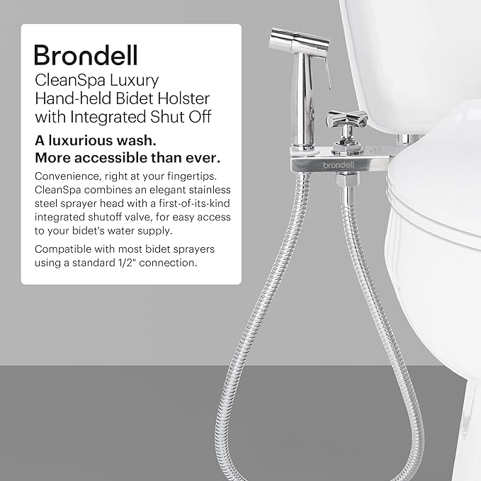 Brondell MBH-40-S CleanSpa Luxury Handheld Bidet Attachment for Toilet with Stainless Steel Holster and Built-In Shut Off Valve, Dual Spray Options, Includes Spiral Metal Hose, Stainless Steel