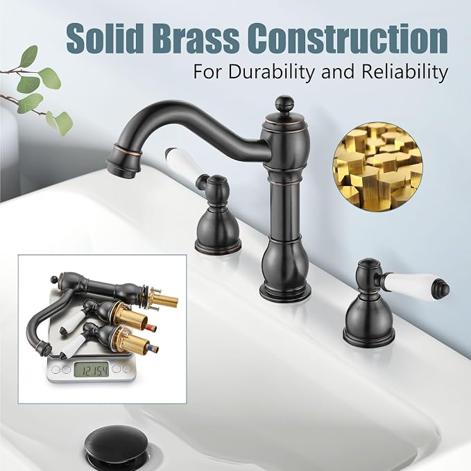 Widespread Bathroom Sink Faucet 3 Hole White Lever Oil Rubbed Bronze | Vintage 8 Inch Brass Sink Faucet,2 Ceramic Handle,Pop Up Drain,cUPC Hose,for 6-16″Centerset Basin,Farmhouse,RV,Vanity