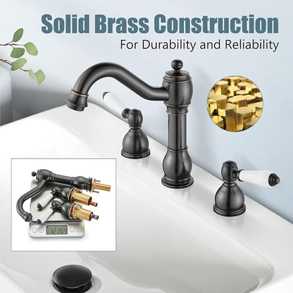 Widespread Bathroom Sink Faucet 3 Hole White Lever Oil Rubbed Bronze | Vintage 8 Inch Brass Sink Faucet,2 Ceramic Handle,Pop Up Drain,cUPC Hose,for 6-16″Centerset Basin,Farmhouse,RV,Vanity