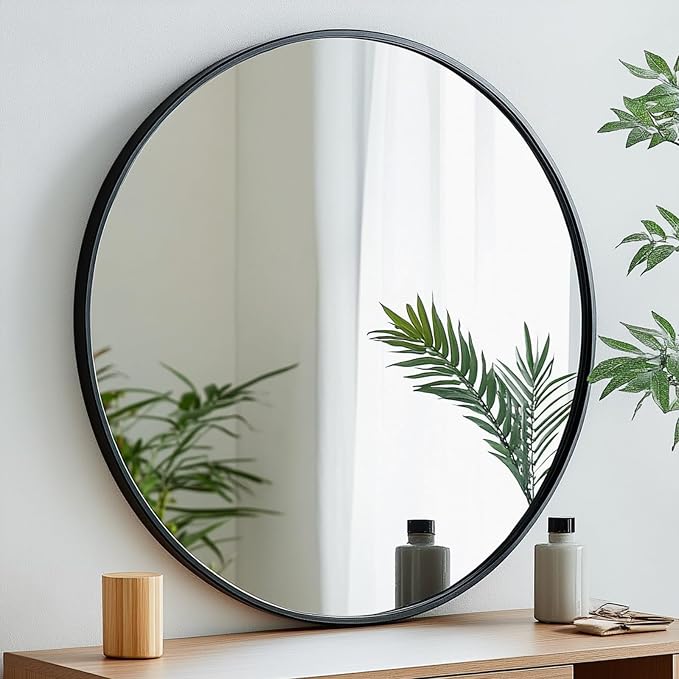 Large Round Mirror, 28 inch Circle Mirror, Matte Black Metal Frame | High Definition,Waterproof,Rust-resistant,Round Mounted Mirrors for Bathroom,Living Room,Bedroom,Hallyway,Vanity,Wall Décor