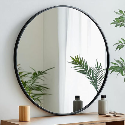 Large Round Mirror, 28 inch Circle Mirror, Matte Black Metal Frame | High Definition,Waterproof,Rust-resistant,Round Mounted Mirrors for Bathroom,Living Room,Bedroom,Hallyway,Vanity,Wall Décor