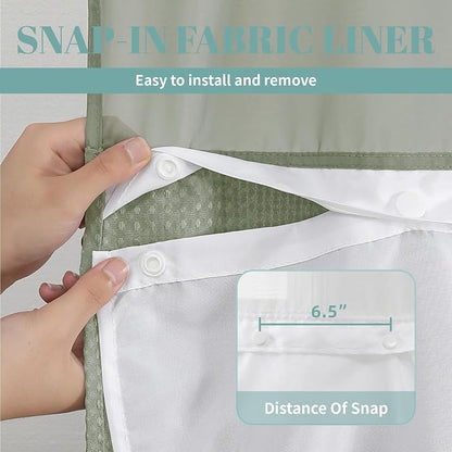 No Hook Waffle Shower Curtain with Snap-in Liner, 60x74 Inch, Sage Green | 230GSM waffle weave fabric, waterproof liner set with 2 bottom magnets, mesh window, washable, for shower stalls or bathrooms