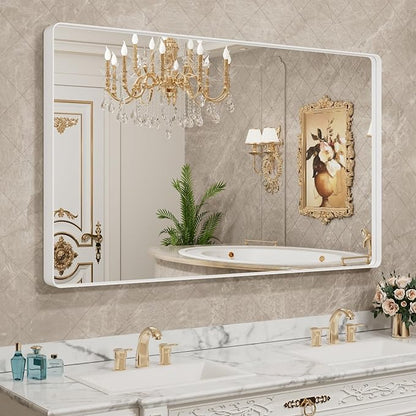 LOAAO White Metal Framed Bathroom Mirror, 60x40 Inch | Rounded Rectangle, Anti-Rust, Tempered Glass, Hangs Horizontally or Vertically