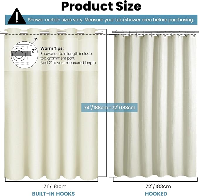 SORTTO No Hook Shower Curtain with Snap in Liner Set Waffle Shower Curtain for Bathroom Hotel Style Fabric Waterproof Inner Liner，71" W x 74" H, Ivory