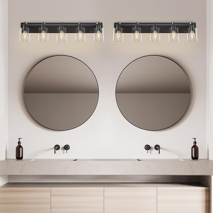 5-Light 37inch Matte Black Vanity Light, Thickened Clear Glass | Over Mirror for Bathroom, Rust Resistant, E26 Base, Easy Install, Removable Glass Shade Horizontal Mount, Dimmable