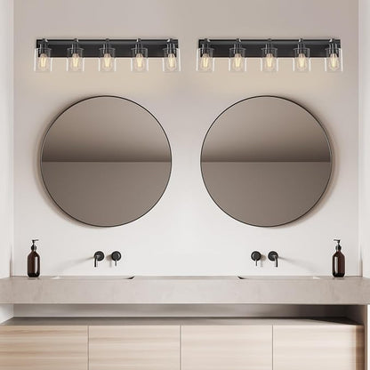5-Light 37inch Matte Black Vanity Light, Thickened Clear Glass | Over Mirror for Bathroom, Rust Resistant, E26 Base, Easy Install, Removable Glass Shade Horizontal Mount, Dimmable
