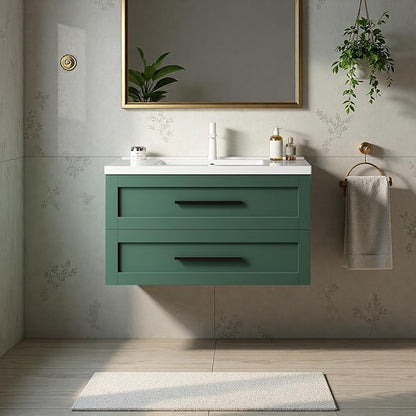 Floating Bathroom Vanity with Sink, 36" Bathroom Storage Cabinet with Curve Design Ceramic Basin & 2 Soft-Close Drawers, Wall-Mounted Vanity with Large Storage Space & Black Handle, Green