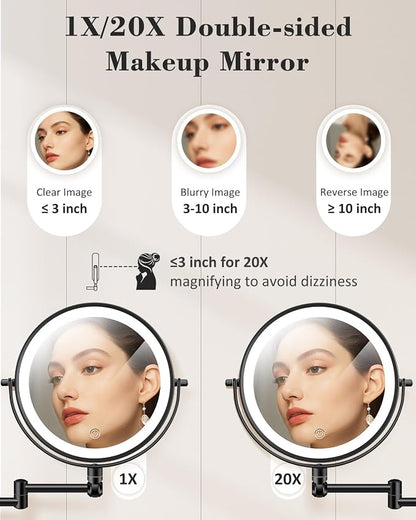 20X 9" Wall Mounted Magnifying Makeup Mirror with Light Height Adjustable | 5000mAh Double Sided Rechargeable LED Lighted Vanity Mirror with Magnification 3 Color Light up Extended Arm 360 Rotation