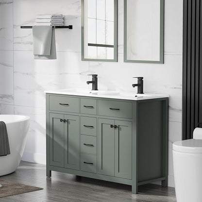 LUCKWIND 48" Bathroom Vanity with Sink Combo, Painted Modern Bathroom Storage Cabinet with Double Resin Sink, Four Doors and Three Drawers, Include Faucet Without Mirror, Green