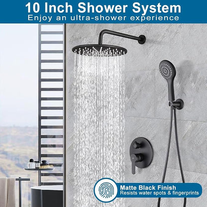 All Metal Black Shower Faucet Set, 10 Inch Round Shower Head and Handle Set, Bathroom Rainfall Shower System, Wall Mounted Shower Fixtures, Include Shower Valve and Trim Kit