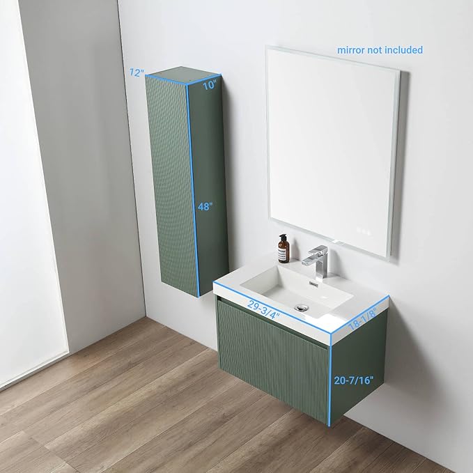 Blossom 30 Inch Bathroom Vanity with Sink and Side Cabinet, All Wood Floating Bathroom Vanity with Acrylic Sink, Bathroom Sink Cabinet with Soft-Close Drawer, Modern Style Vanities, Aventurine Green