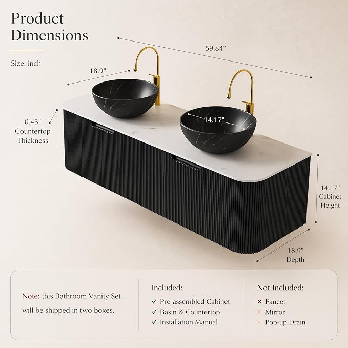 60 Inch Double Sink Bathroom Vanity, Floating Wall Mounted Cabinet, Black Curved Fluted Front, Stone Top, Dual Black Marble Vessel Basins, Pre-Assembled