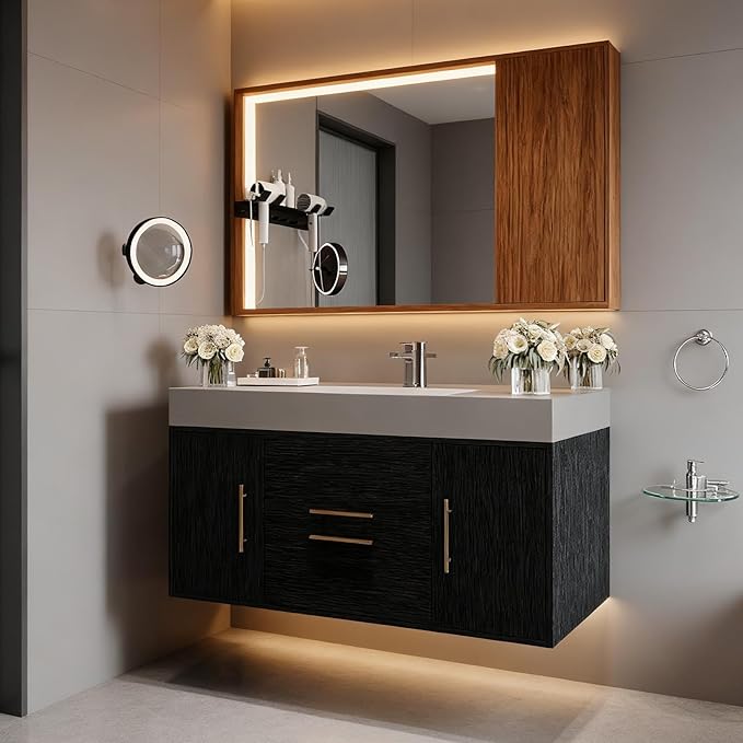 40" Bathroom Vanity with Sink Set, Modern Wall Mounted Bathroom Vanity Cabinet with Ceramic Sink,Gold Handle 2 Drawers&2 Storage Cabinets, Single Sink Floating Bathroom Vanity, Black Grey