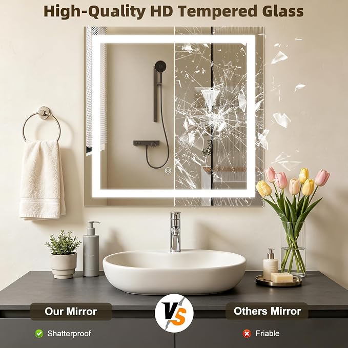 28"X28" Square LED Bathroom Mirror with Lights | Lighted Bathroom Vanity Mirror for Wall, Anti-Fog, Dimmable, 3 Color Temperature, HD Tempered Glass(Vertical Only)