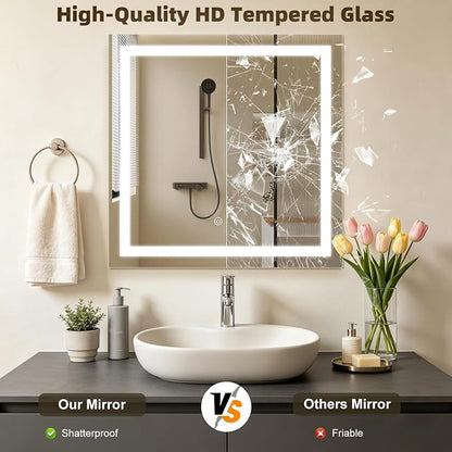 28"X28" Square LED Bathroom Mirror with Lights | Lighted Bathroom Vanity Mirror for Wall, Anti-Fog, Dimmable, 3 Color Temperature, HD Tempered Glass(Vertical Only)