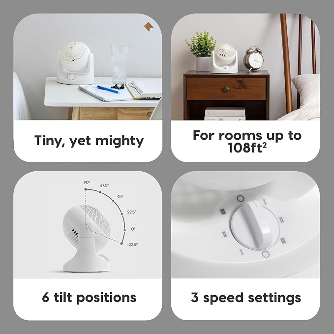 IRIS USA WOOZOO Mini Desk Fan, Dorm Bedside Office, Quiet, 112° Tilt, White | 32ft Max Air Distance, 108ft² Coverage, 112° Adjustable Vertical Tilt, 27db