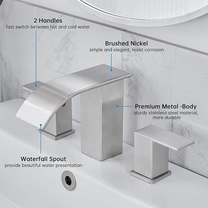 RUMOSE 8 inch Bathroom Faucets Set Brushed Nickel Bathroom Sink Faucet 3 Hole with Pop Up Drain Widespread 2 Handles Stainless Steel Lavatory Vanity Faucet Waterfall Spout Deck Mounted