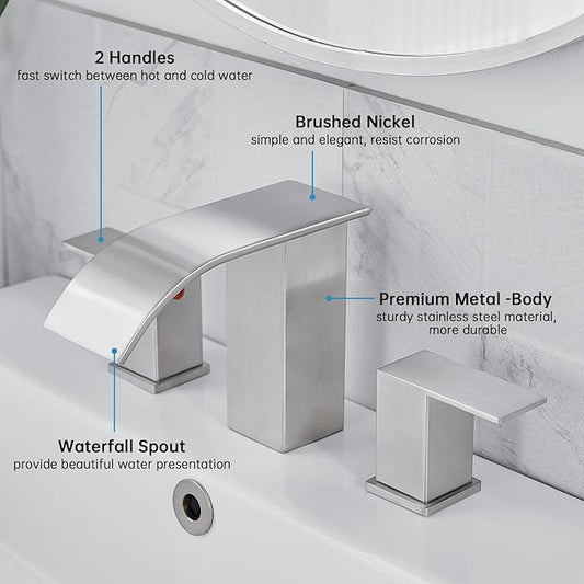 RUMOSE 8 inch Bathroom Faucets Set Brushed Nickel Bathroom Sink Faucet 3 Hole with Pop Up Drain Widespread 2 Handles Stainless Steel Lavatory Vanity Faucet Waterfall Spout Deck Mounted