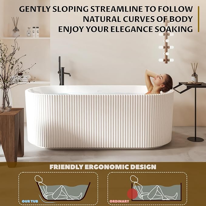 67 Inch Acrylic Freestanding Bathtub, Deep Soaking Tub with Non-Slip Base, cUPC Certified Free Standing Tub, Chrome Drain Bath Tub, Modern Tub for Bathrooms, White