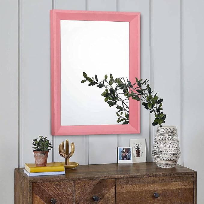 AAZZKANG Rectangle Mirror with Wood Frame Modern Farmhouse Wall Mirrors Decor Large 20"x16" for Bedroom Bathroom Living Room Pink