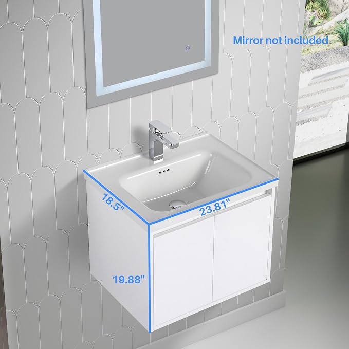 Blossom 24 Inch Glossy White Plywood Floating Bathroom Vanity with Ceramic Sink, Preassembled Wall Mounted Small Bathroom Vanity Cabinet with Soft Close Doors