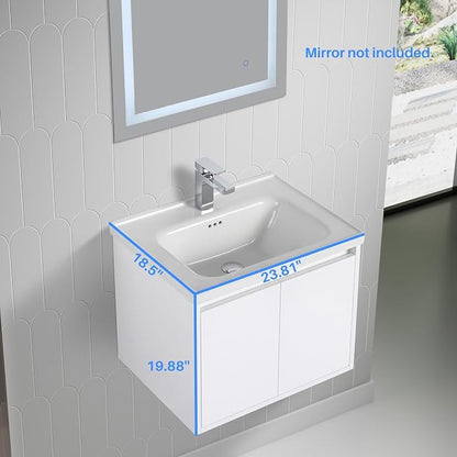 Blossom 24 Inch Glossy White Plywood Floating Bathroom Vanity with Ceramic Sink, Preassembled Wall Mounted Small Bathroom Vanity Cabinet with Soft Close Doors