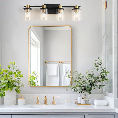 LOUSACE Bathroom Light Fixtures Black and Gold, 4 Light Bathroom Vanity Light, Modern Bathroom Light over Mirror with Clear Glass Shades, Brushed Gold Socket Wall Vanity Lighting Fixtures for Bathroom