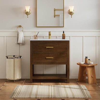 30 Inch Bathroom Vanity with Sink, Farmhouse Storage Cabinet with Drawers & Open Storage Shelf, Easy Assembly, Adjustable Feet, Walnut