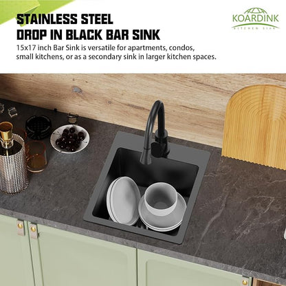 Black Kitchen And Bar Sink, 15x17 Inch Stainless Steel Drop In Kitchen Sink Modern Single Bowl Topmount Bar Sink Combo-Silicon Mat,Drain Strainer Set Compatibility With Various Kitchen & Bar Style