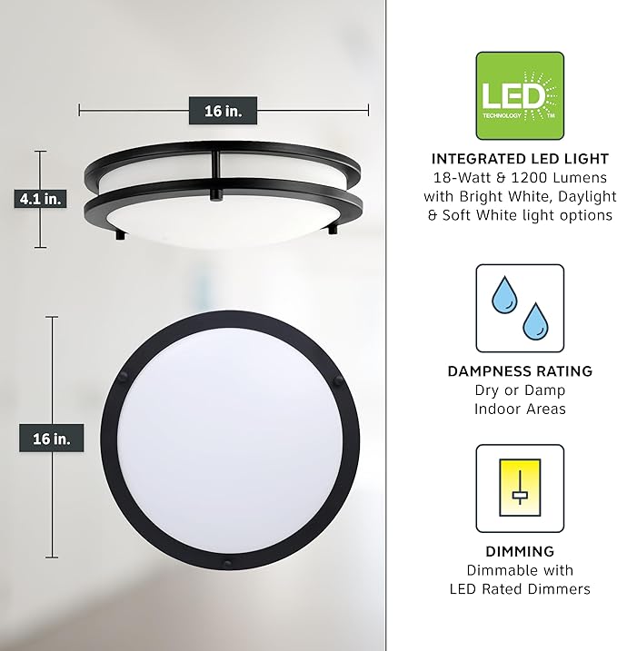 Designers Fountain Flush Mount Ceiling Light, 16 Inch Round LED DC Plastic Lighting Fixture Kitchen, Bedroom, Bathroom, and Hallway, Dimmable, 1800 Lumens, 3000K/4000K/5000K, Bronze, EV1416C3C-34