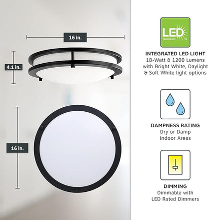 Designers Fountain Flush Mount Ceiling Light, 16 Inch Round LED DC Plastic Lighting Fixture Kitchen, Bedroom, Bathroom, and Hallway, Dimmable, 1800 Lumens, 3000K/4000K/5000K, Bronze, EV1416C3C-34