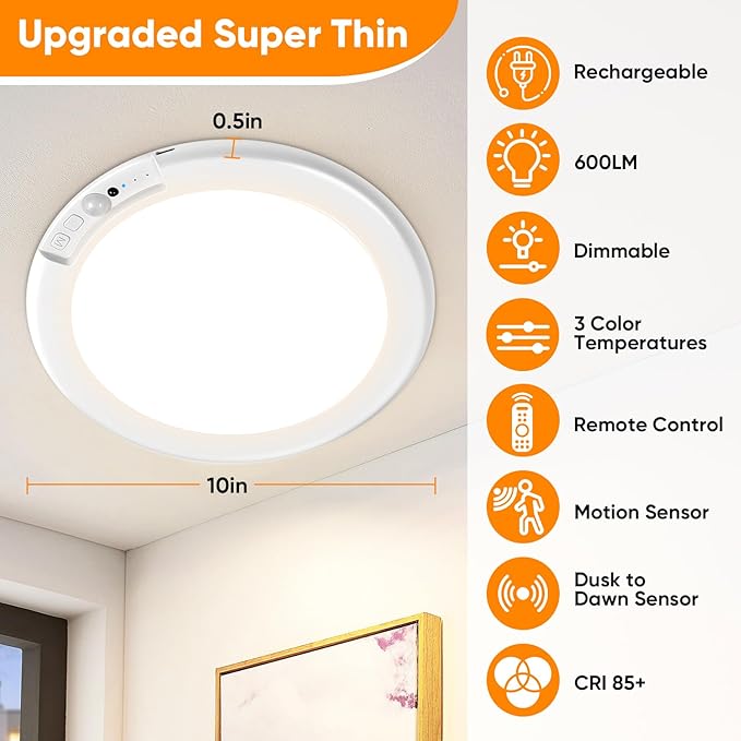 Rechargeable Motion Sensor Ceiling Light, 12000mAh Battery Closet Light | 10" Wireless Battery Powered LED Shower Light, Magnetic Cordless Ceiling Light with Remote, Overhead Lamp for Pantry, 2-Pack
