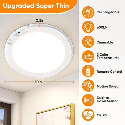 Rechargeable Motion Sensor Ceiling Light, 12000mAh Battery Closet Light | 10" Wireless Battery Powered LED Shower Light, Magnetic Cordless Ceiling Light with Remote, Overhead Lamp for Pantry Hallway