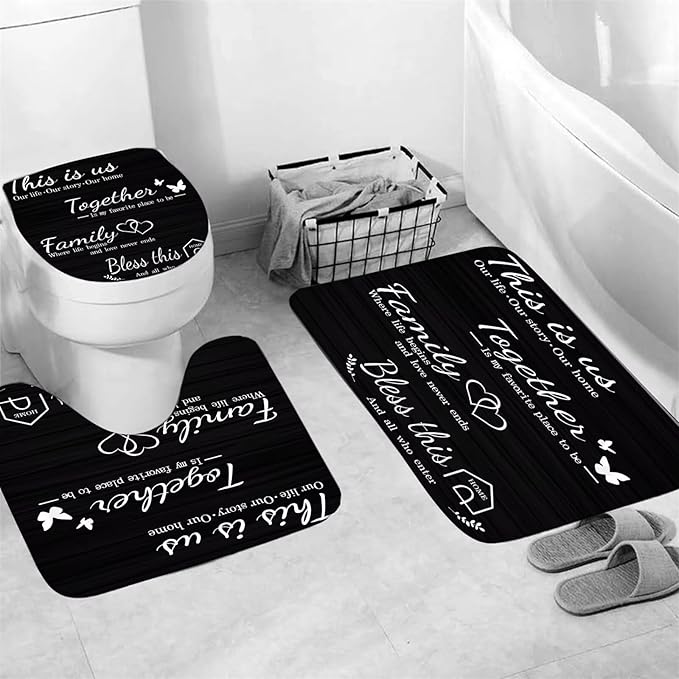 AZHM Family Shower Curtain Set Black Home Bathroom Set with Shower Curtain and Rugs and Accessories Bathroom Decor Curtain with 12 Hooks