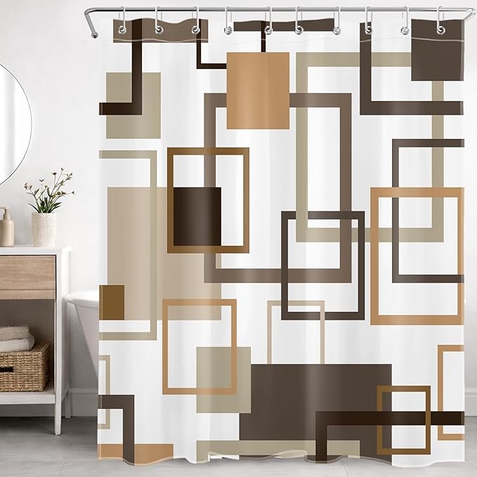 Abstract Geometric Brown Shower Curtain for Bathroom, Tan Vintage Striped Square Shower Curtain Modern Minimalist Polyester Fabric Bathroom Decor Curtains, 60W x 72L inches Including Hooks