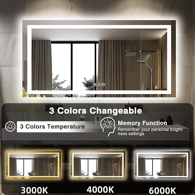 EchosLife 60"x28" LED Bathroom Mirrors for Wall | Backlit + Front Lit, Anti-Fog, Stepless Dimmable, 3 Colors, Memory, Tempered Glass, UL Listed, Horizontal/Vertical
