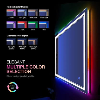 40x24 Inch RGB LED Bathroom Mirror with Lights | Front and RGB Backlit, Dimmable, Memory, Anti Fog, Shatterproof, Horizontal/Vertical, Lighted Mirrors for Bathroom Wall