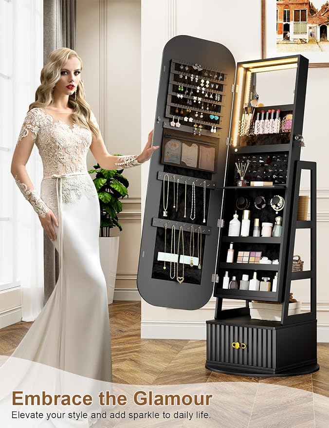 Jewelry Cabinet with RGB Mirror and Foldable Makeup Shelf - Black | SKKTKT Standing Jewelry Armoire - Rotating Storage, RGB Mirror and Foldable Makeup Shelf