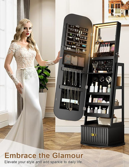 Jewelry Cabinet with RGB Mirror and Foldable Makeup Shelf - Black | SKKTKT Standing Jewelry Armoire - Rotating Storage, RGB Mirror and Foldable Makeup Shelf