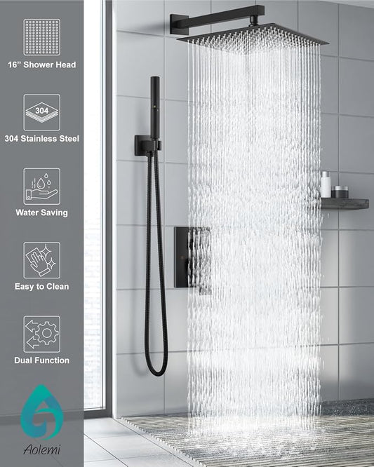 Aolemi Shower System with Rain Head and Handheld,16-Inch,Matte Black | High-Pressure Shower Faucet Set with Dual-Function Handheld,Rough-In Valve,1.8 GPM,Wall-Mount Trim Kit