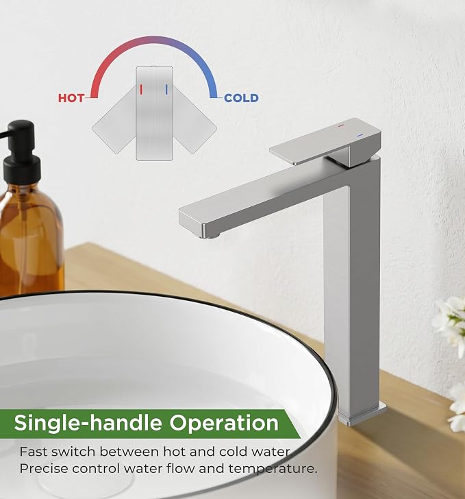 FORIOUS Vessel Sink Faucet Single Hole, Brushed Nickel Tall Bathroom Faucet | Modern Tall Single Handle Space Saving Design, with Pop up Drain for Basin Bowl Vanity Lavatory Residential/Commercial Use