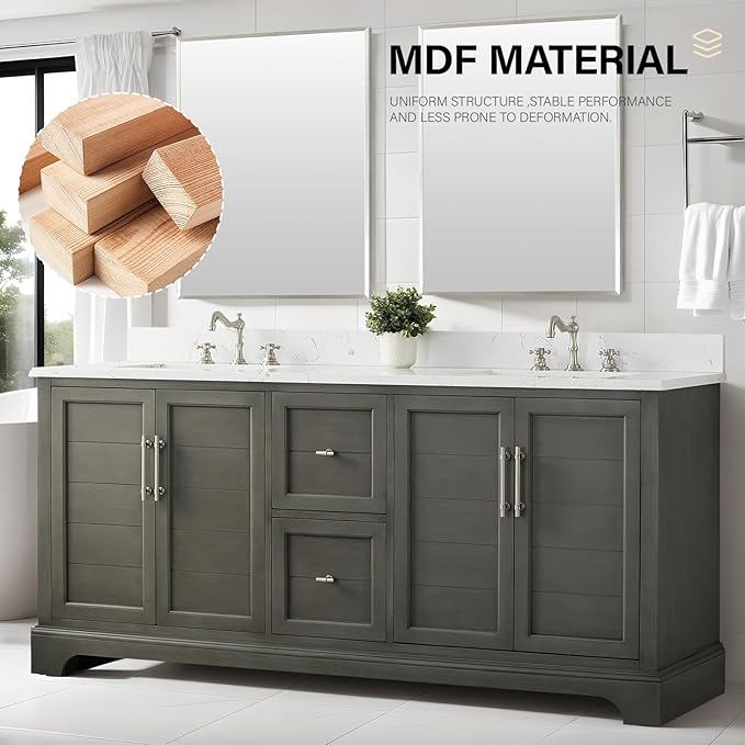 HOMEBEYOND 72 Inch Bathroom Vanity with Double Sink & Ceramic Top, Vanity Cabinet with Center Countertop Basin, Soft-Closing Doors, Backsplash, Sliver Grey